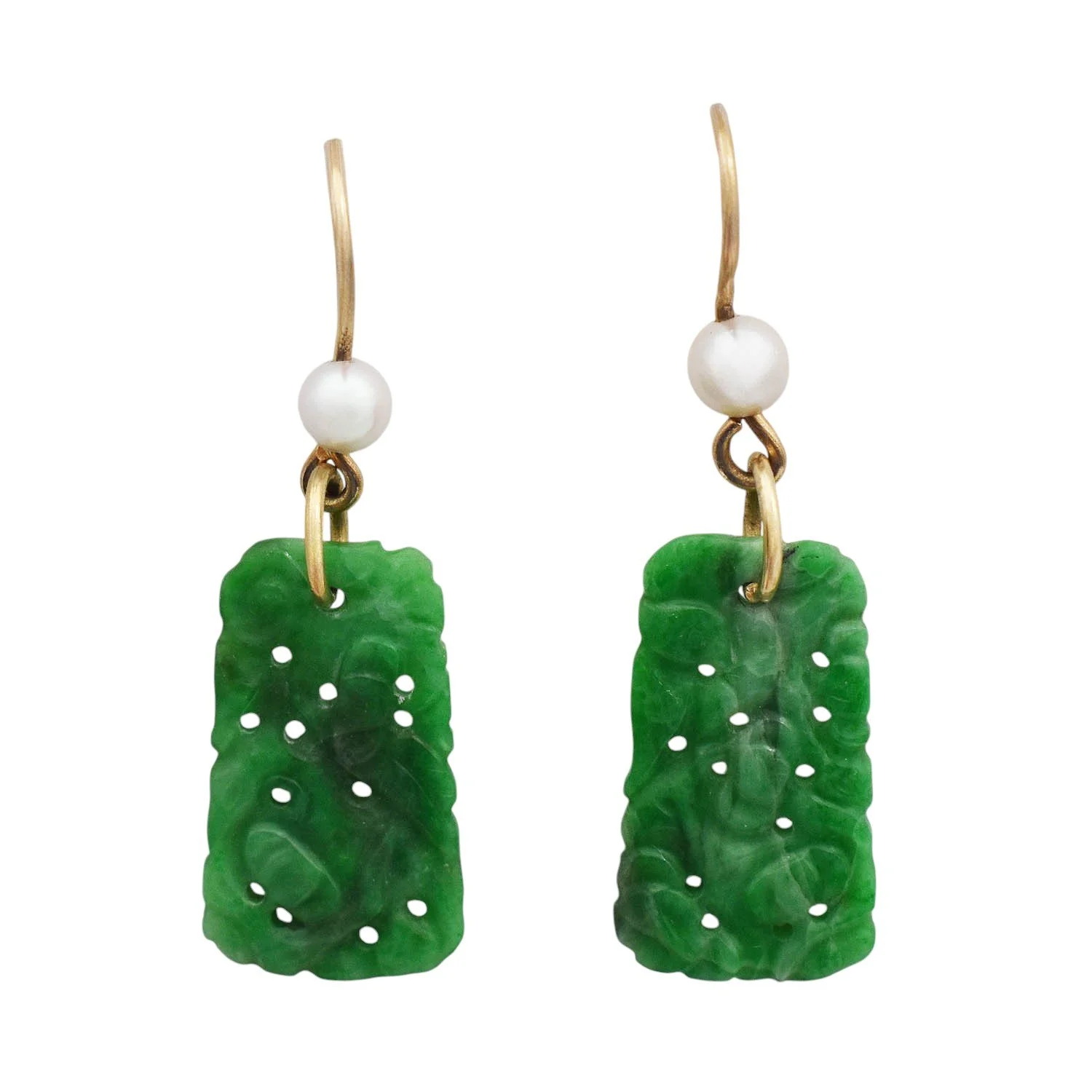 Pearl Carved Jade Plaque Dangle Earrings Gold