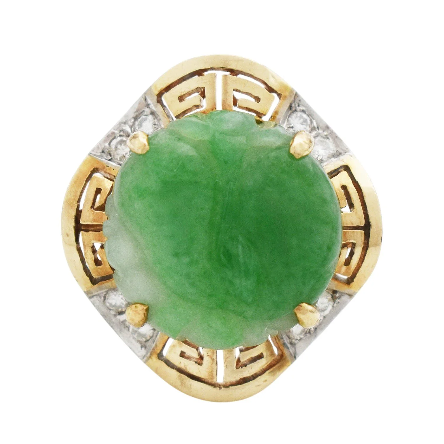 1960s Carved Green Jade Diamond Ring