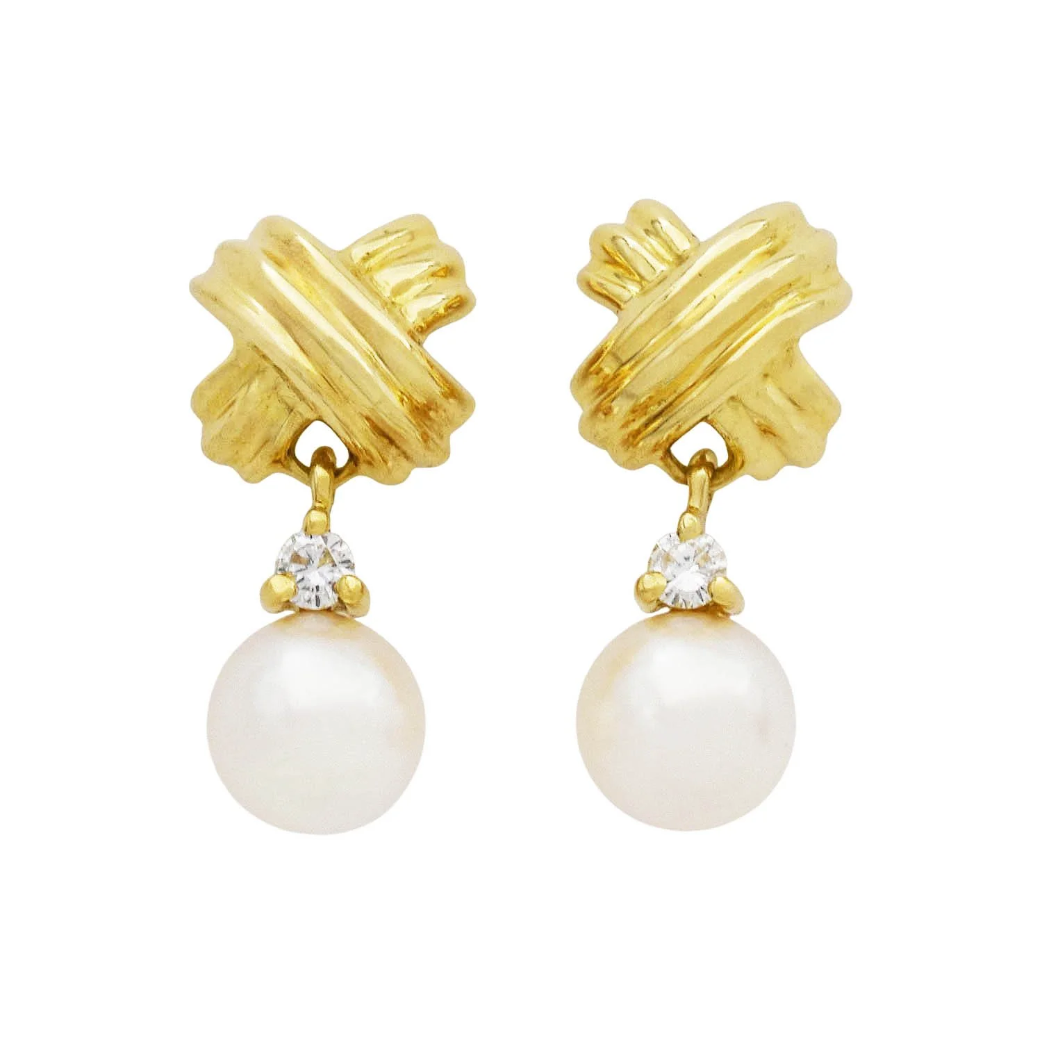 Tiffany & Co. Signature X Diamond Pearl Drop Earrings Gold
