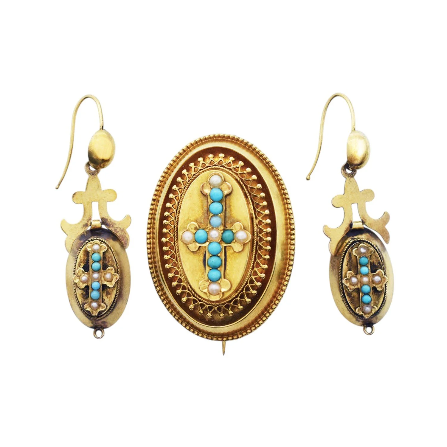 Antique Victorian Turquoise and Pearl Locket Brooch and Earrings Set