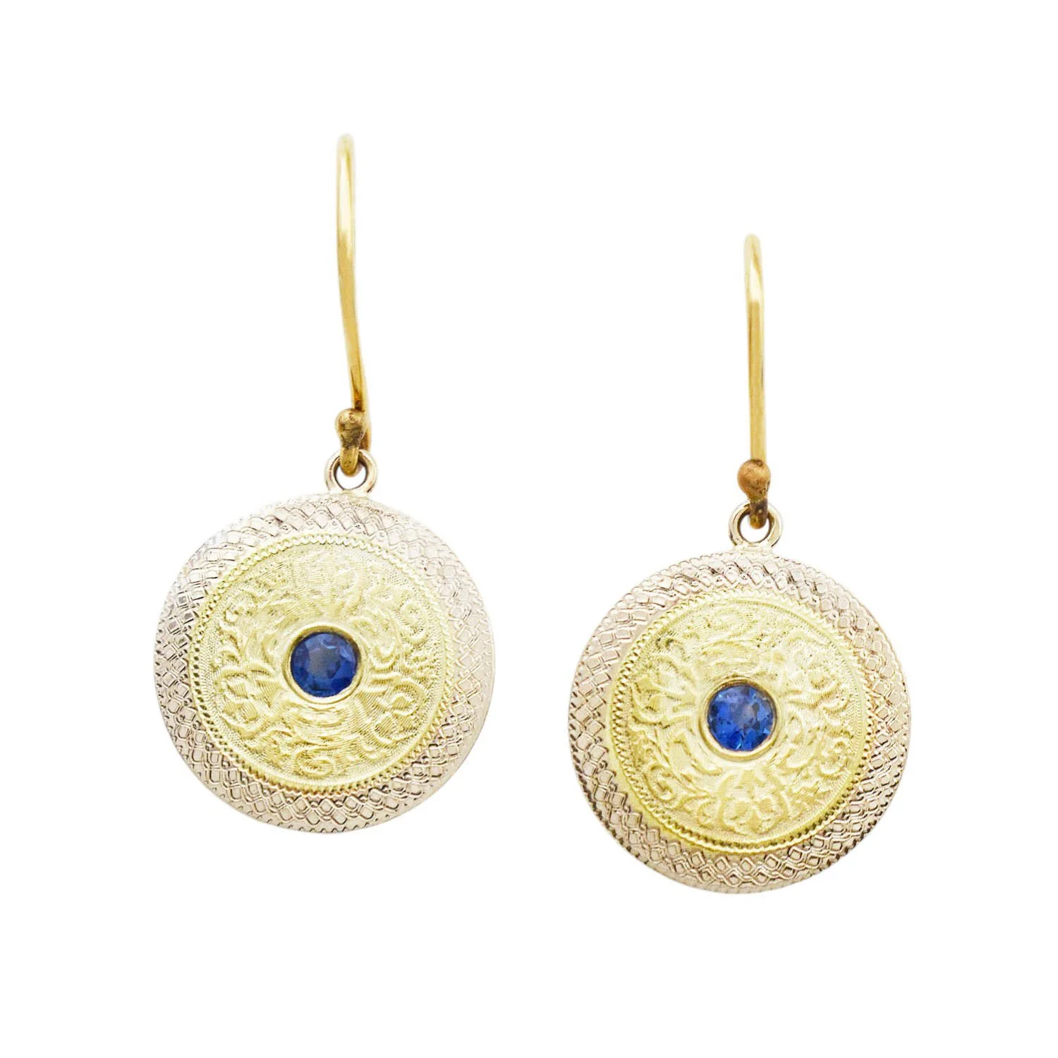 Engraved Disc Sapphire Dangle Earrings Bicolor Gold