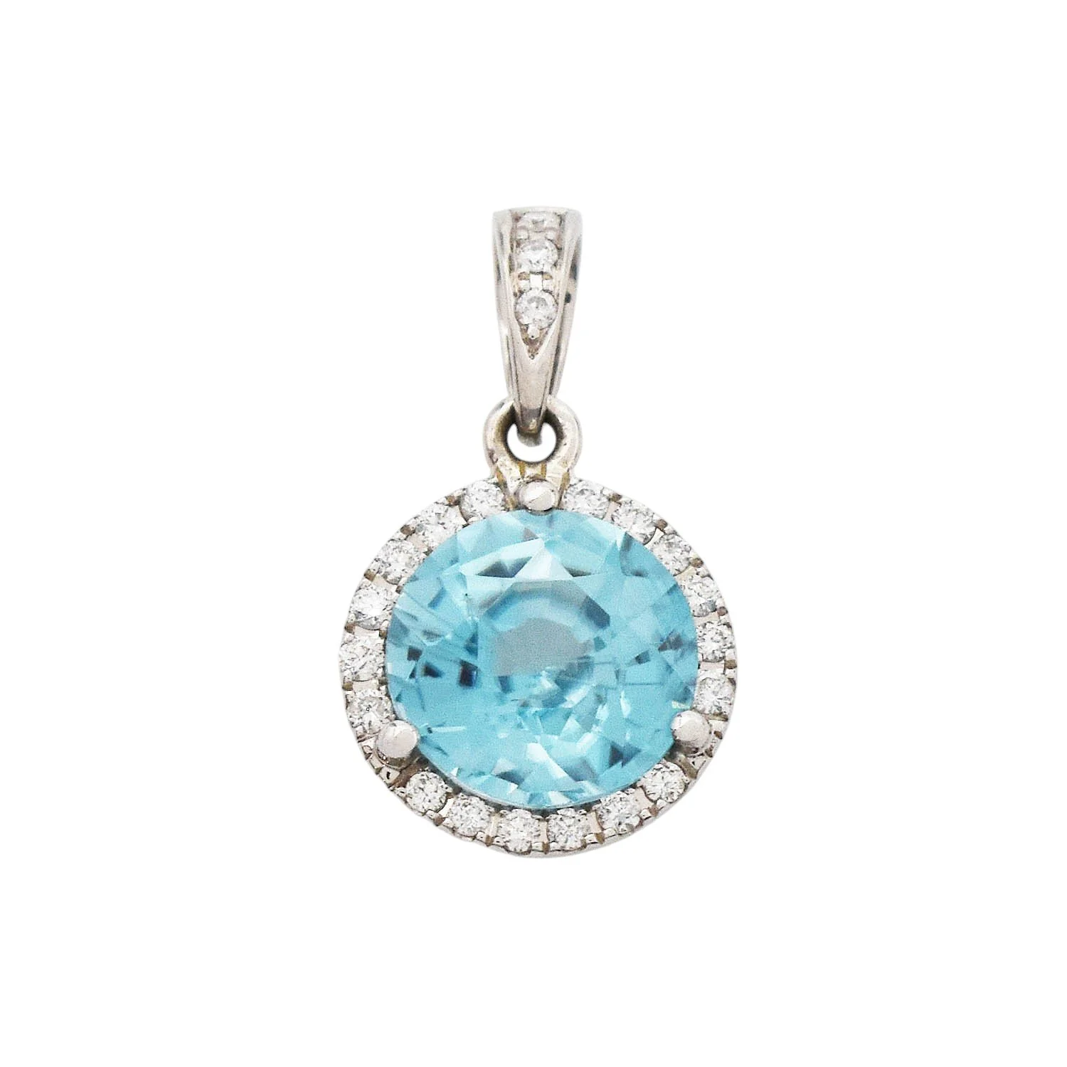 Blue Zircon Diamond Halo Pendant Gold