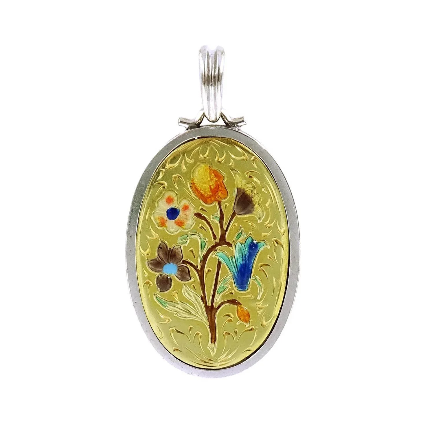 18 Karat Engraved Enameled Flower Pendant