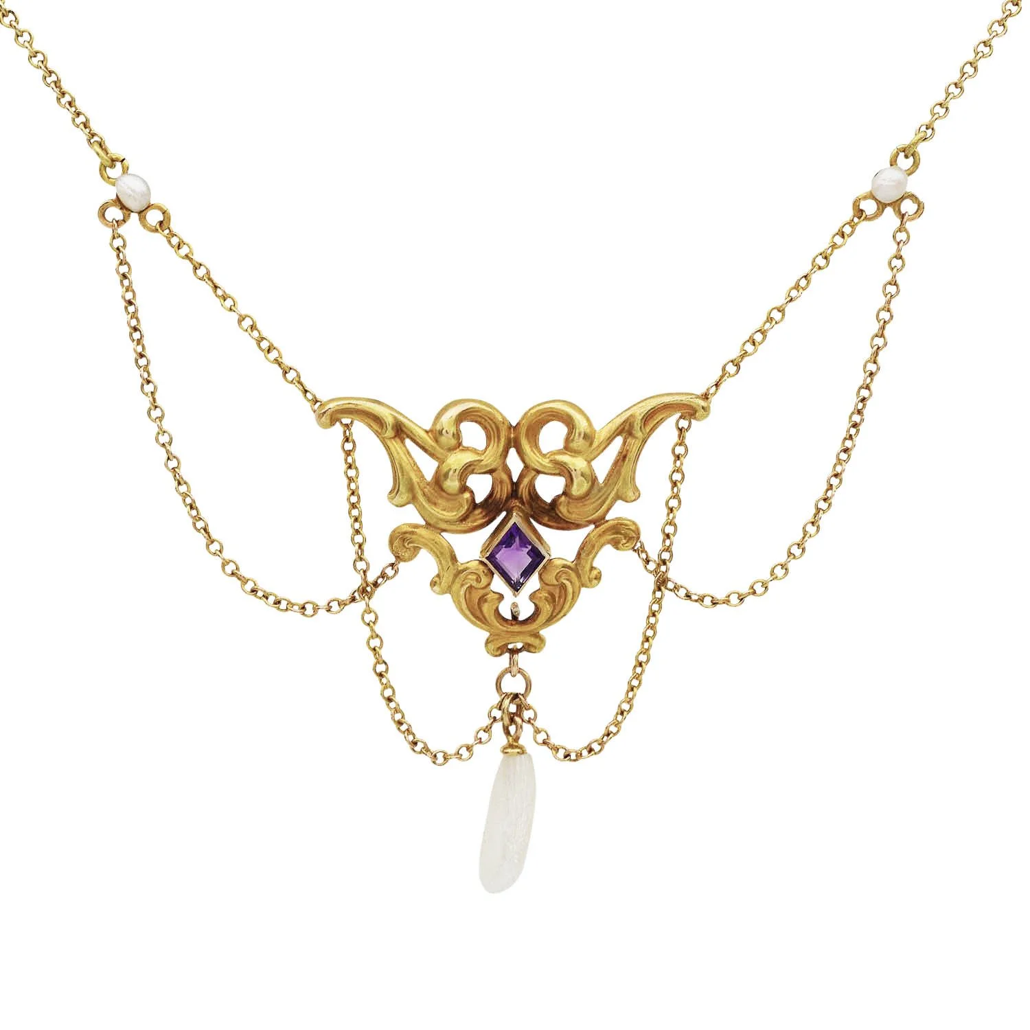 Art Nouveau Amethyst Pearl Dangle Necklace Gold