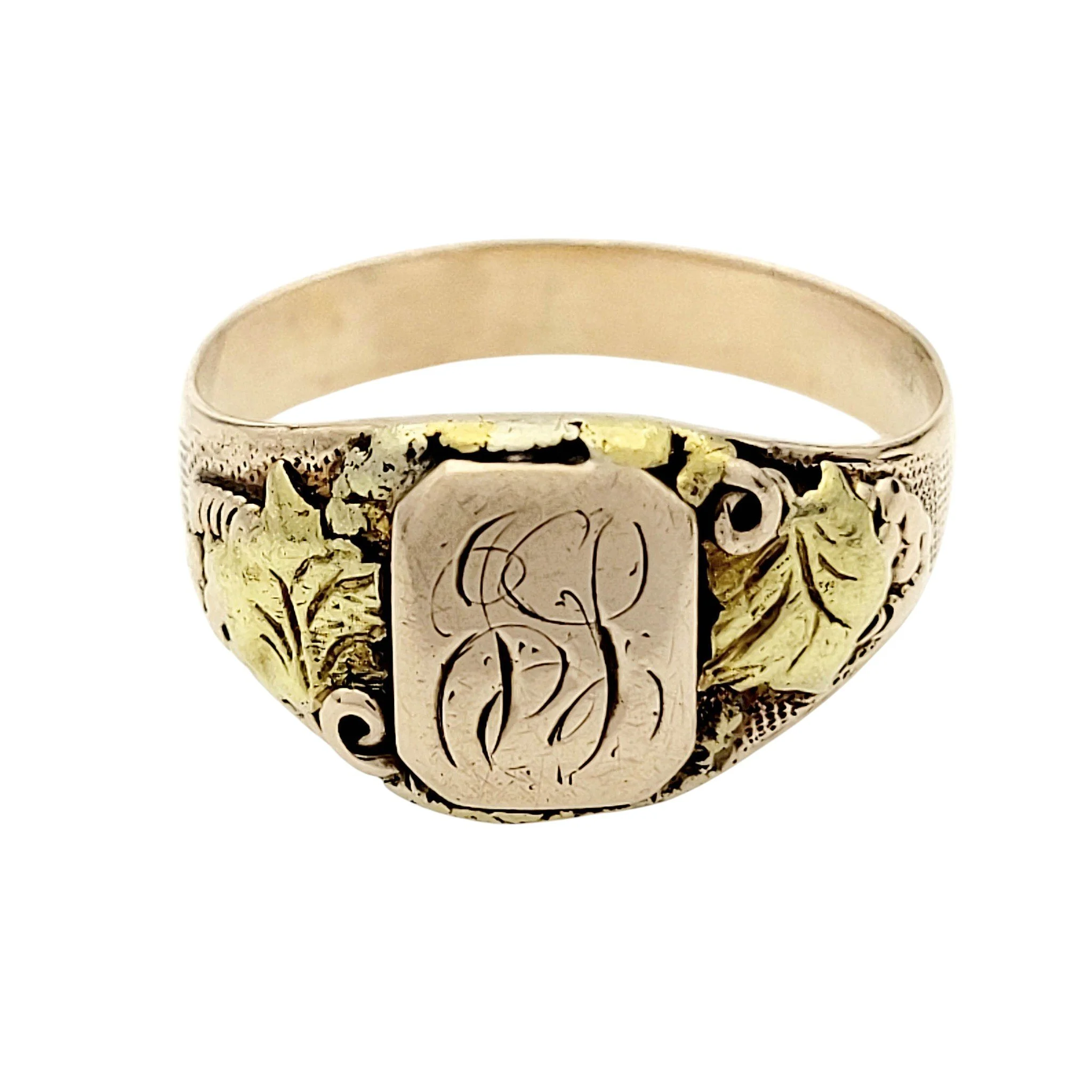 Antique Signet Ring with Leaves and Monogram "JL" Gold