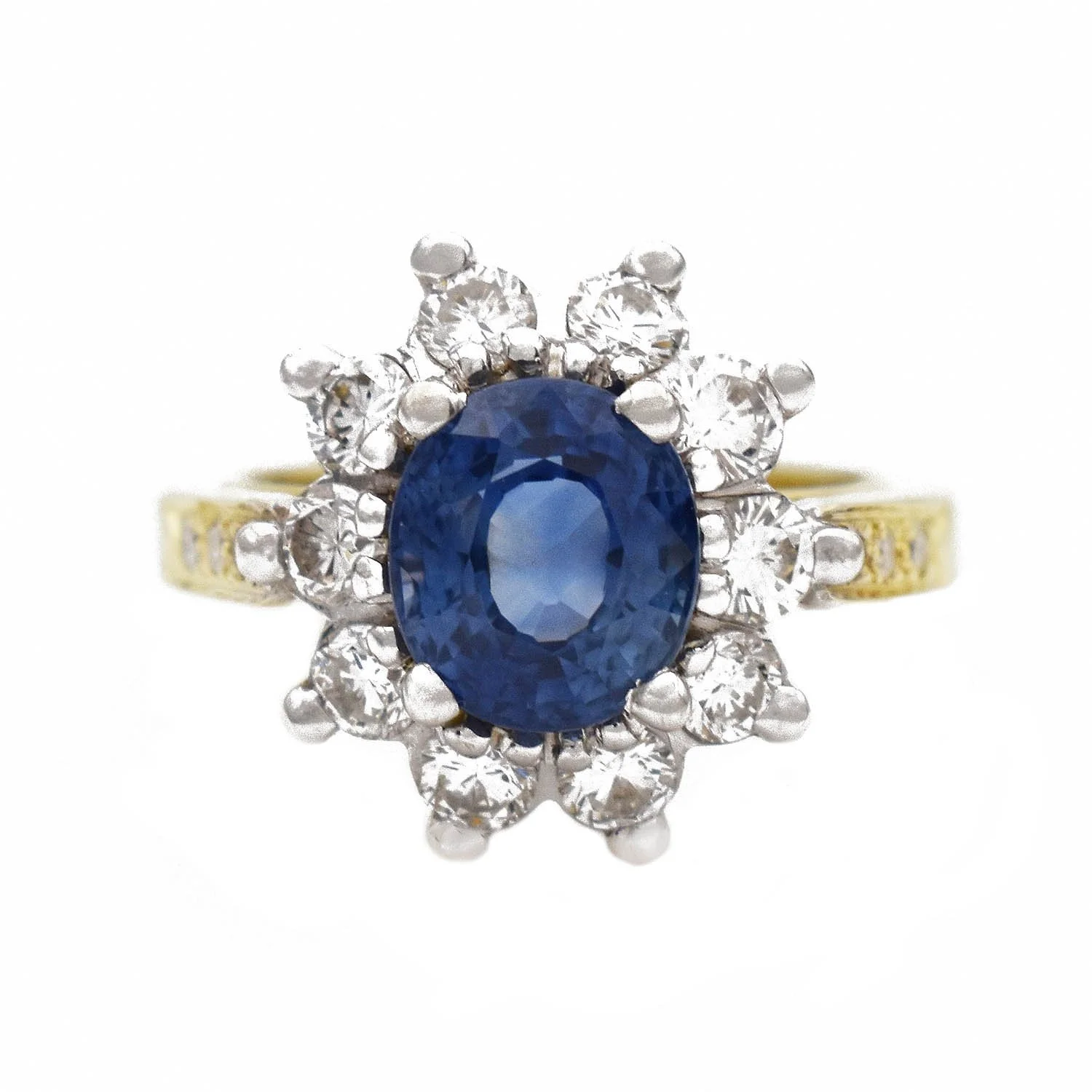 Blue Sapphire Diamond Halo Ring Yellow and White Gold