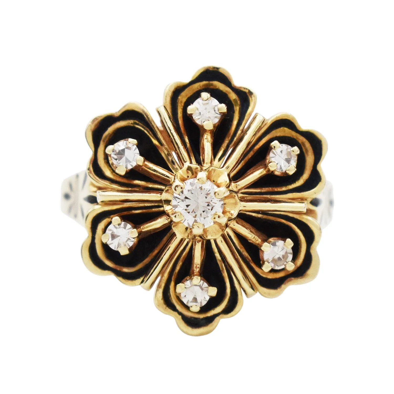 Diamond Black Enamel Flower Ring Gold