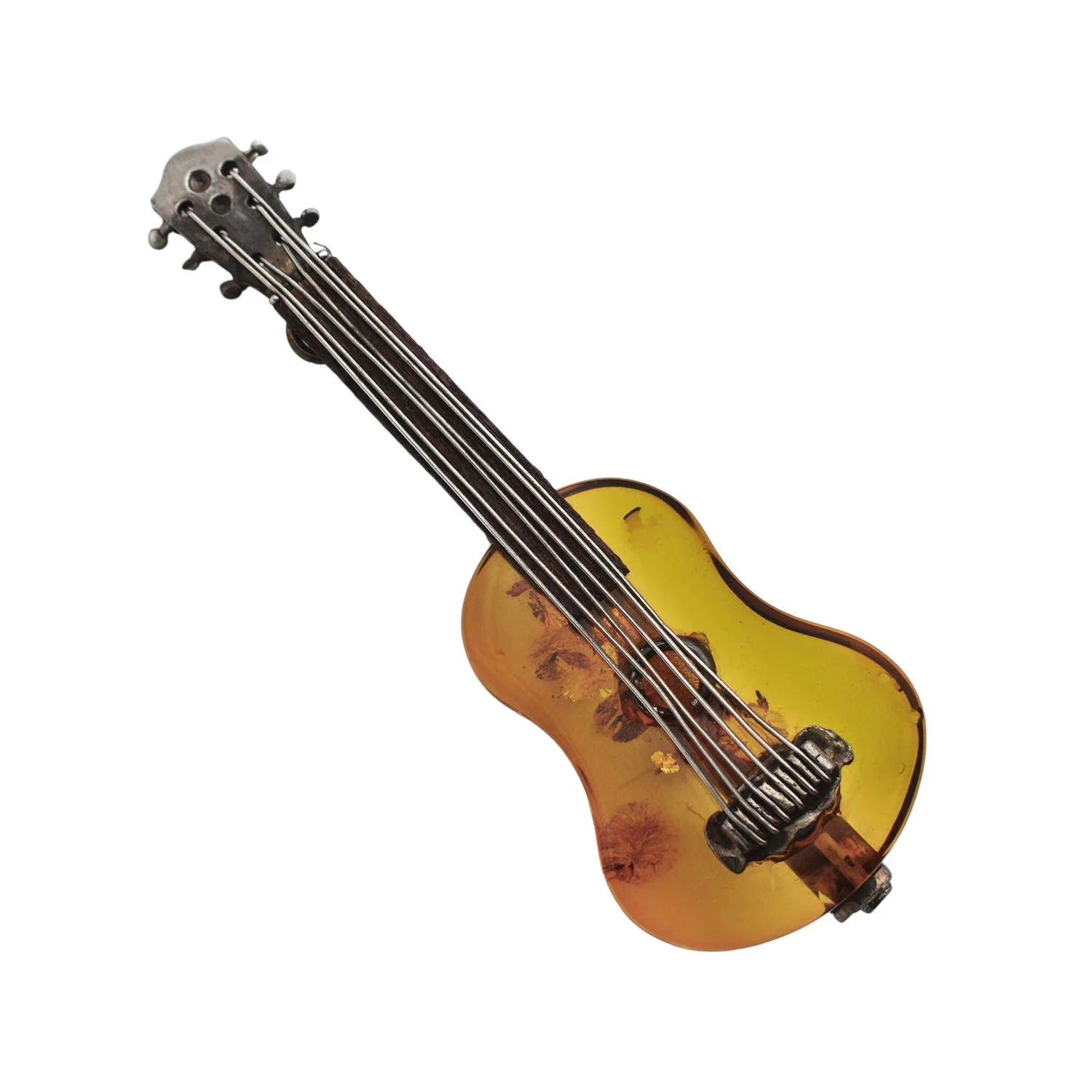 Antique Amber Guitar Brooch Pin Silver