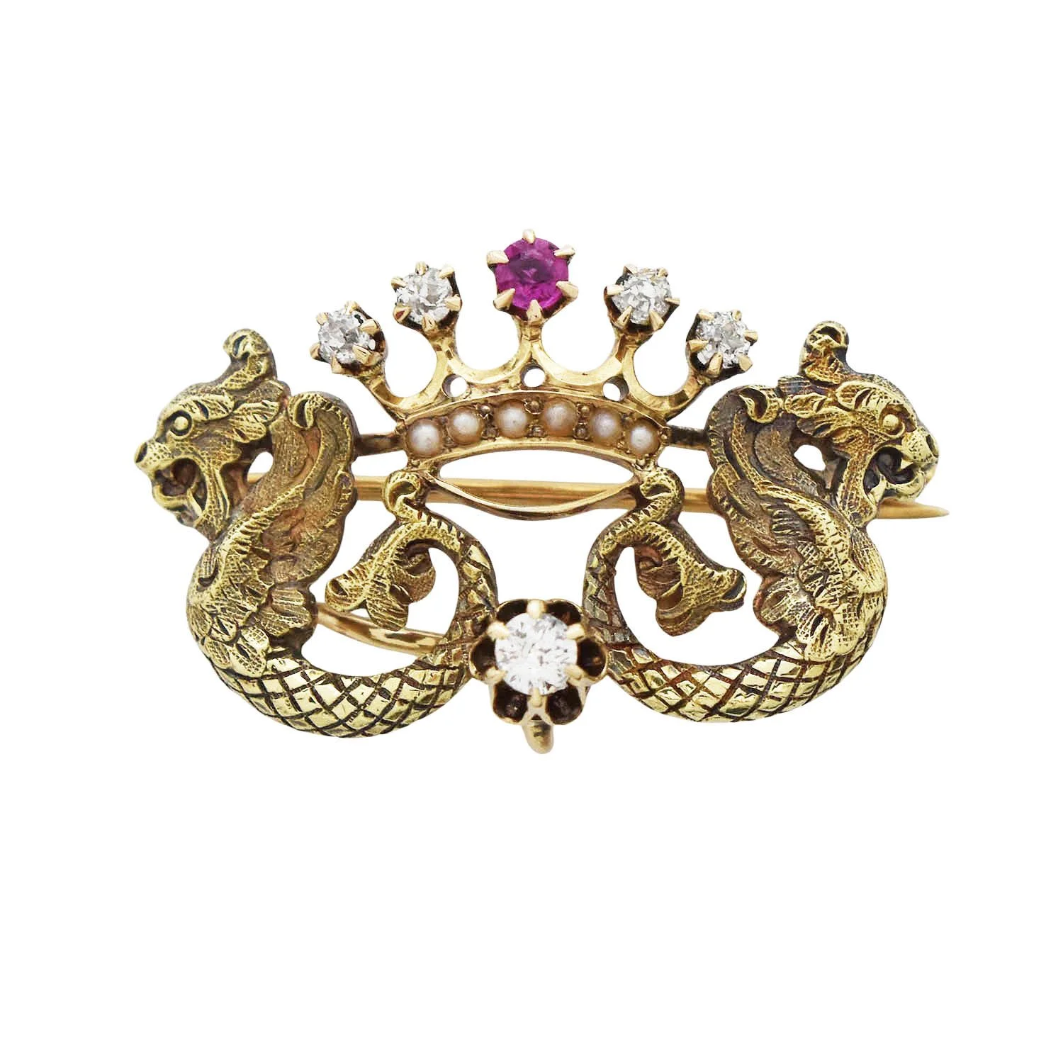 Diamond Ruby Dragon Crown Brooch Pin Gold