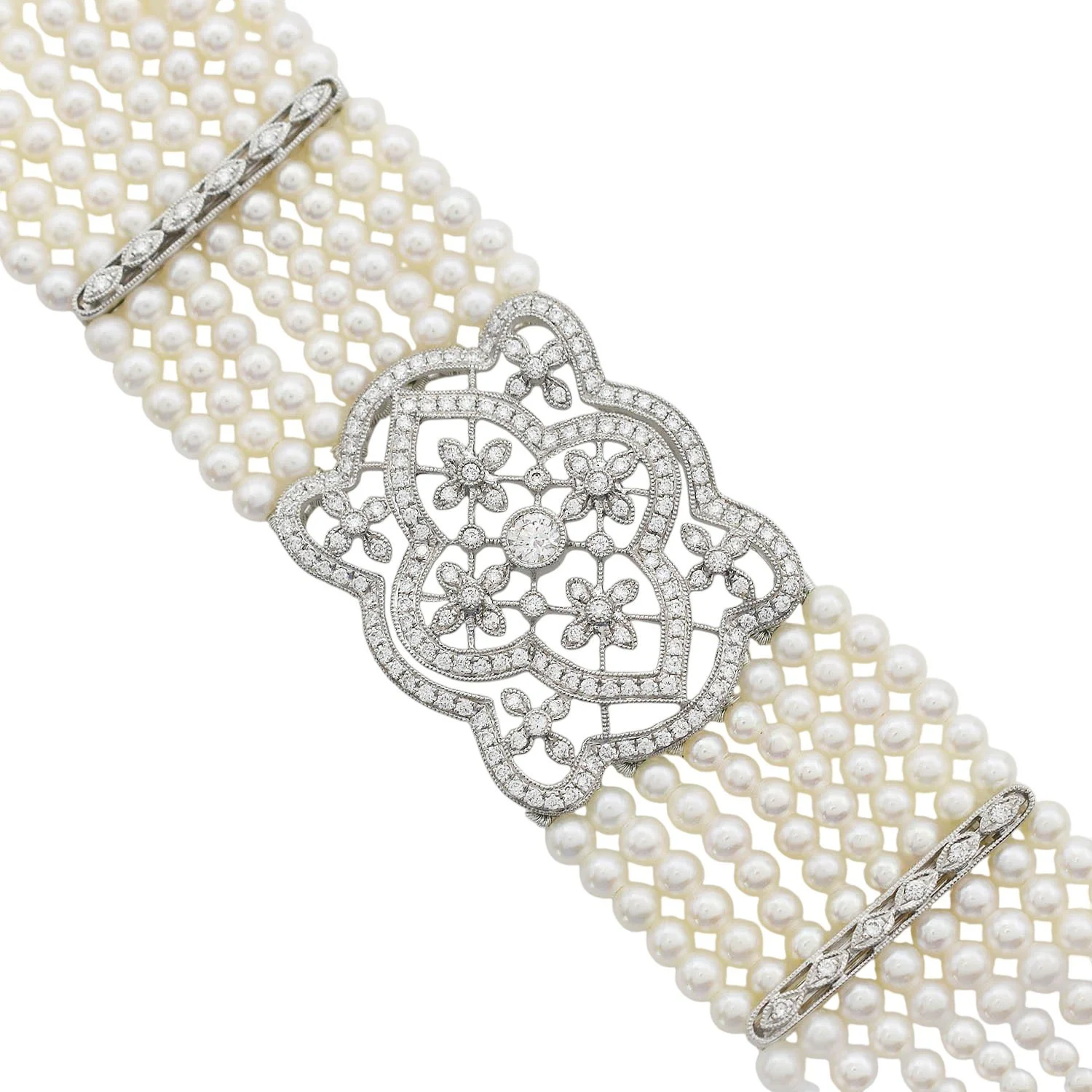 18K Edwardian Style Diamond Pearl Floral Bracelet