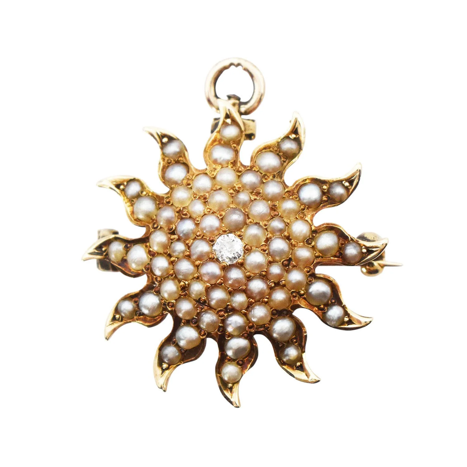 Seed Pearl Sunburst Brooch Pendant Gold