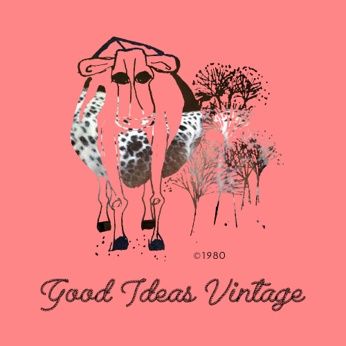 Stylized cow illustration with trees and the text 'Good Ideas Vintage' on a pink background.