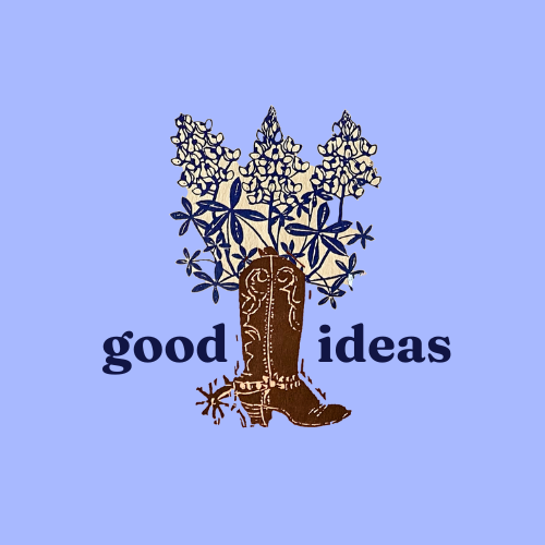 Illustration of a cowboy boot filled with blue flowers and the words "good ideas" in dark blue text on a light blue background.
