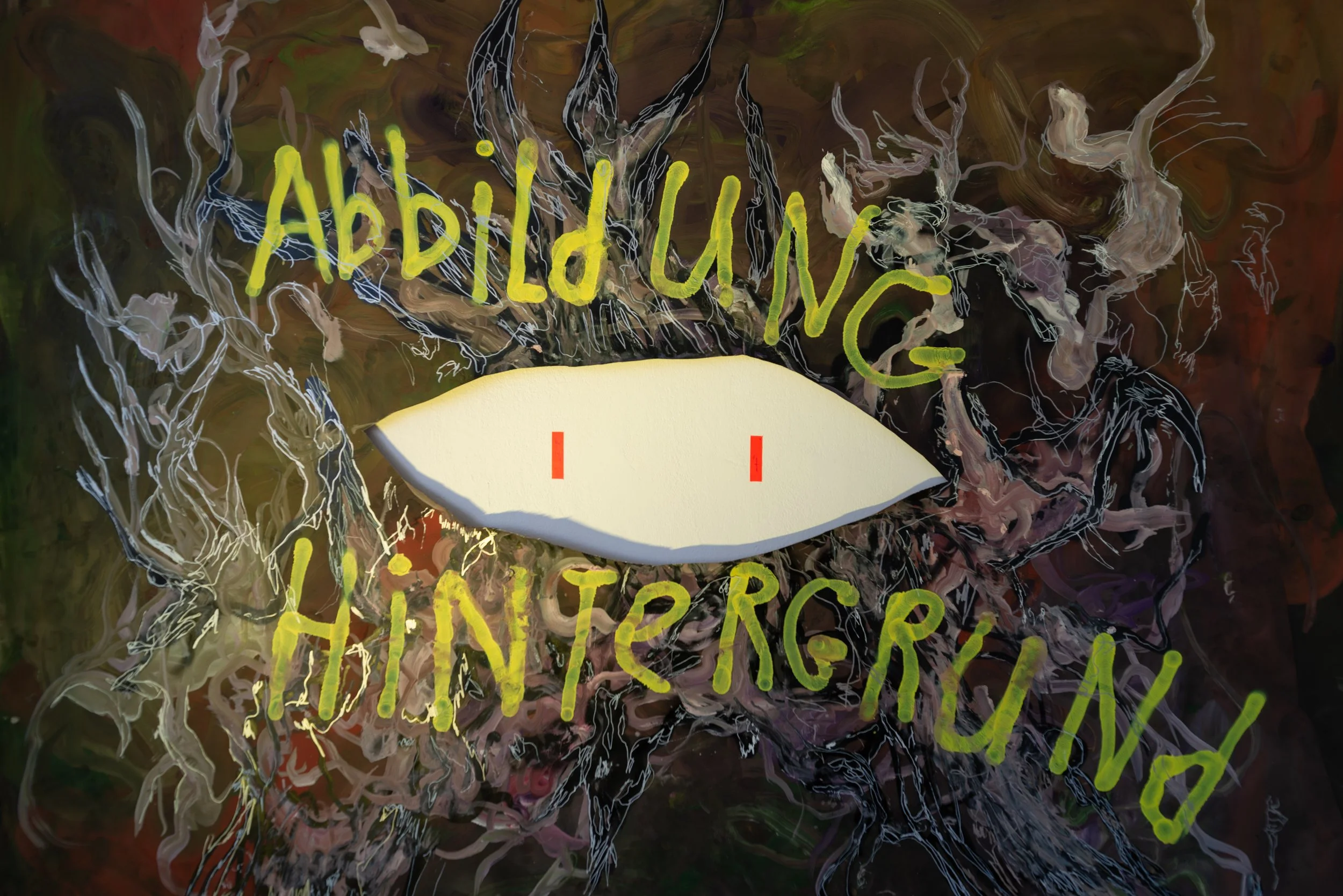 Artwork with a large stylized eye in the middle, surrounded by abstract lines and shapes in dark colors. The text 'ABIDLUNG' and 'HINTERGRUND' are written in yellow-green, curved around the eye, with the eye featuring red dashed lines inside.