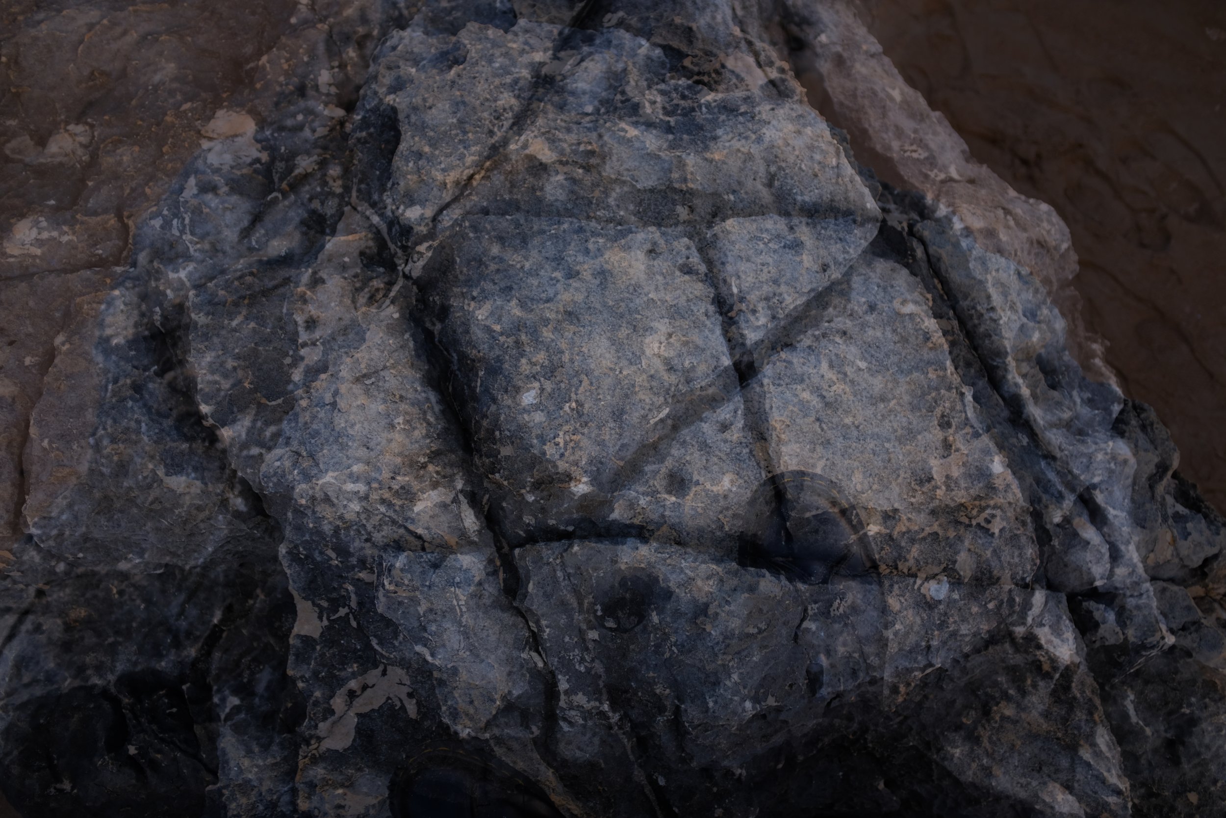 Close-up of a rough, cracked gray rock surface with visible mineral veins.