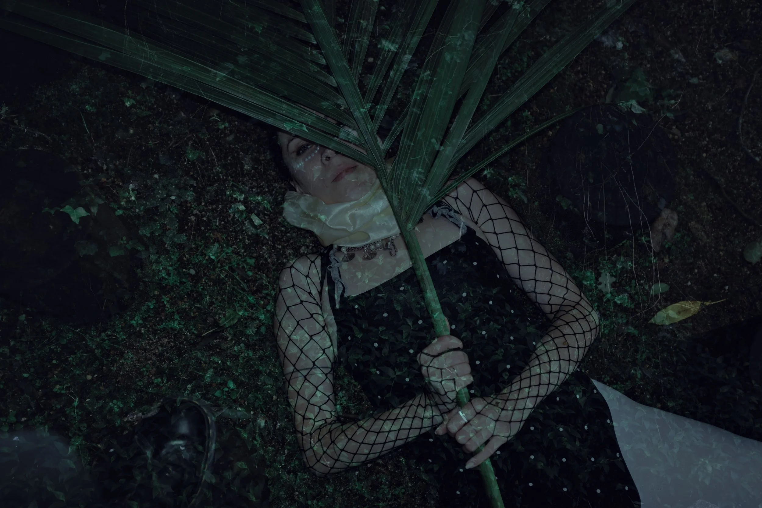 Person lying on dark, leafy ground, holding a large green plant, wearing a black dress with fishnet sleeves and a light-colored scarf around their neck, with a reflective surface creating glare.