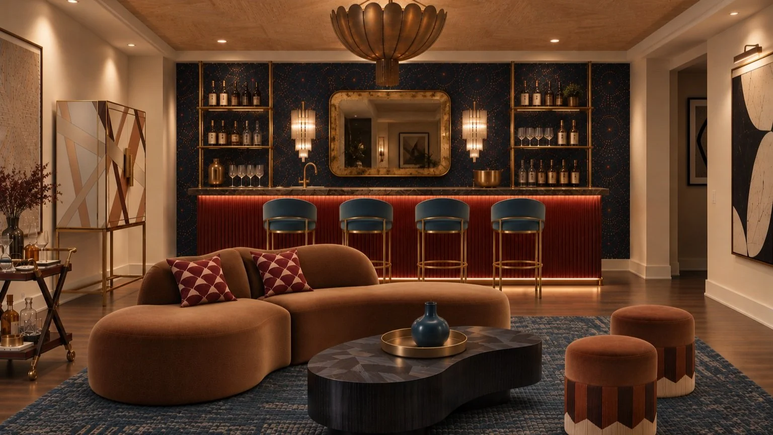 A photorealistic rendering of a home lounge I designed to be equal parts glam and functional &mdash; to make everyone want to come to yours for a good time.

Swipe to see the concept board and sourcing list. 👉

#HomeLounge #BasementDesign #InteriorD