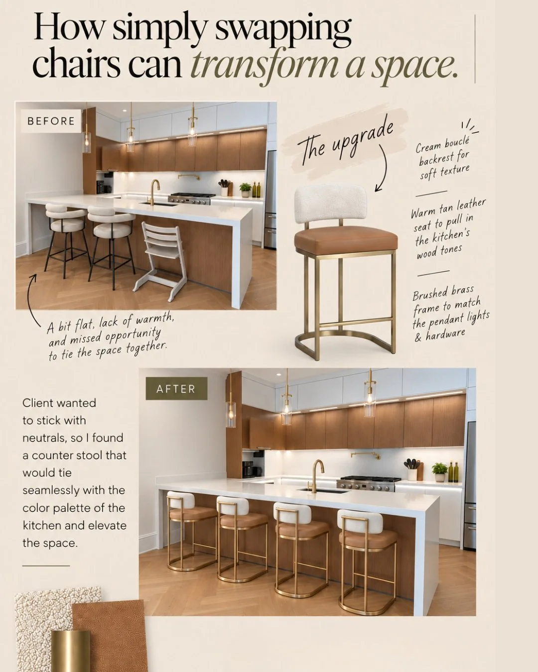 The client wanted to stay neutral, but the original counter stools were getting a little lost. The goal wasn&rsquo;t to add more color &mdash; it was to make the neutrals feel more intentional.

The new stools pull together what was already working i