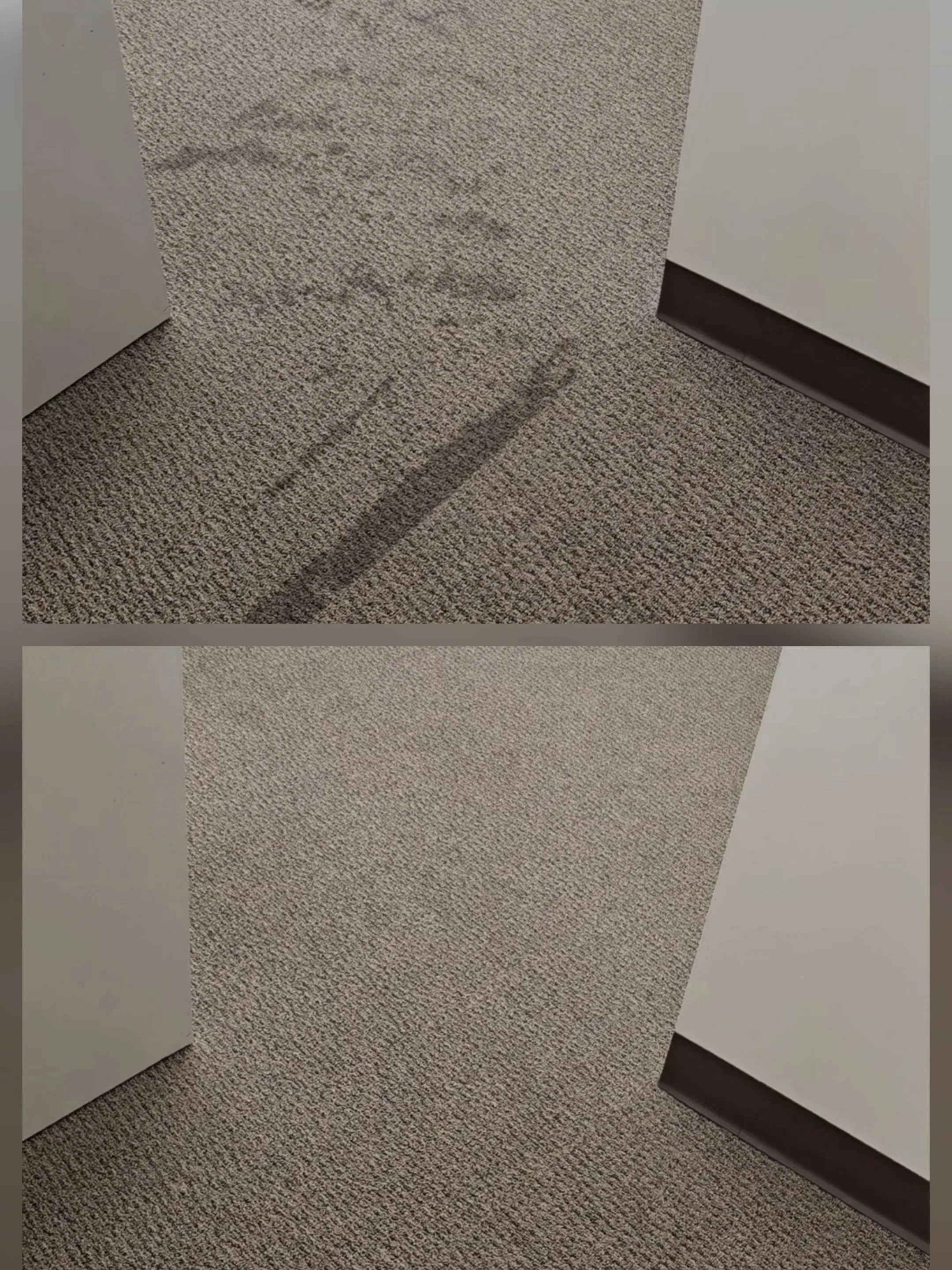 Before and after photos of heavy stain removal on commercial carpet.