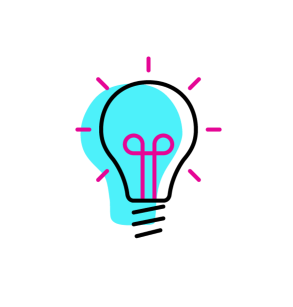 A light bulb illustration with a bow inside it, glowing with pink light rays, symbolizing a bright idea or creativity.