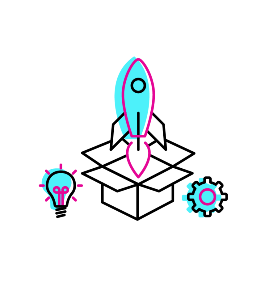 Digital illustration of a rocket launching, with a gear and a lightbulb icon nearby, representing ideas, innovation, or startup concepts.