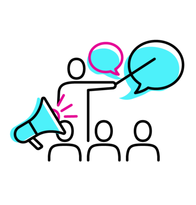 An illustration of a person speaking into a megaphone with speech bubbles above their head.