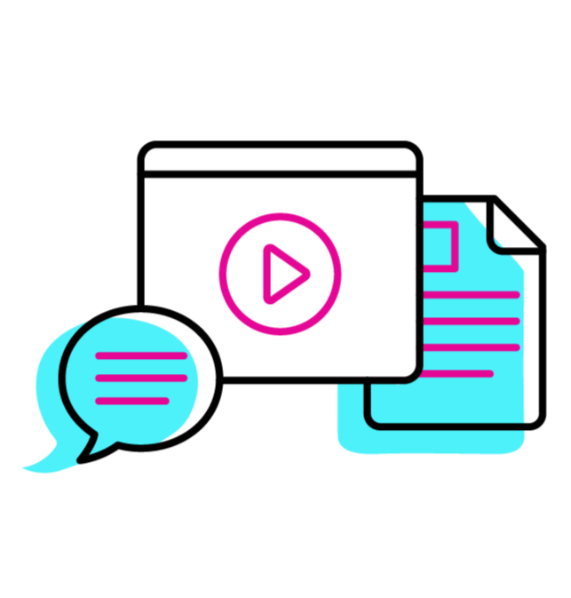 Illustration of digital communication involving a chat bubble, a video play button, and a document.