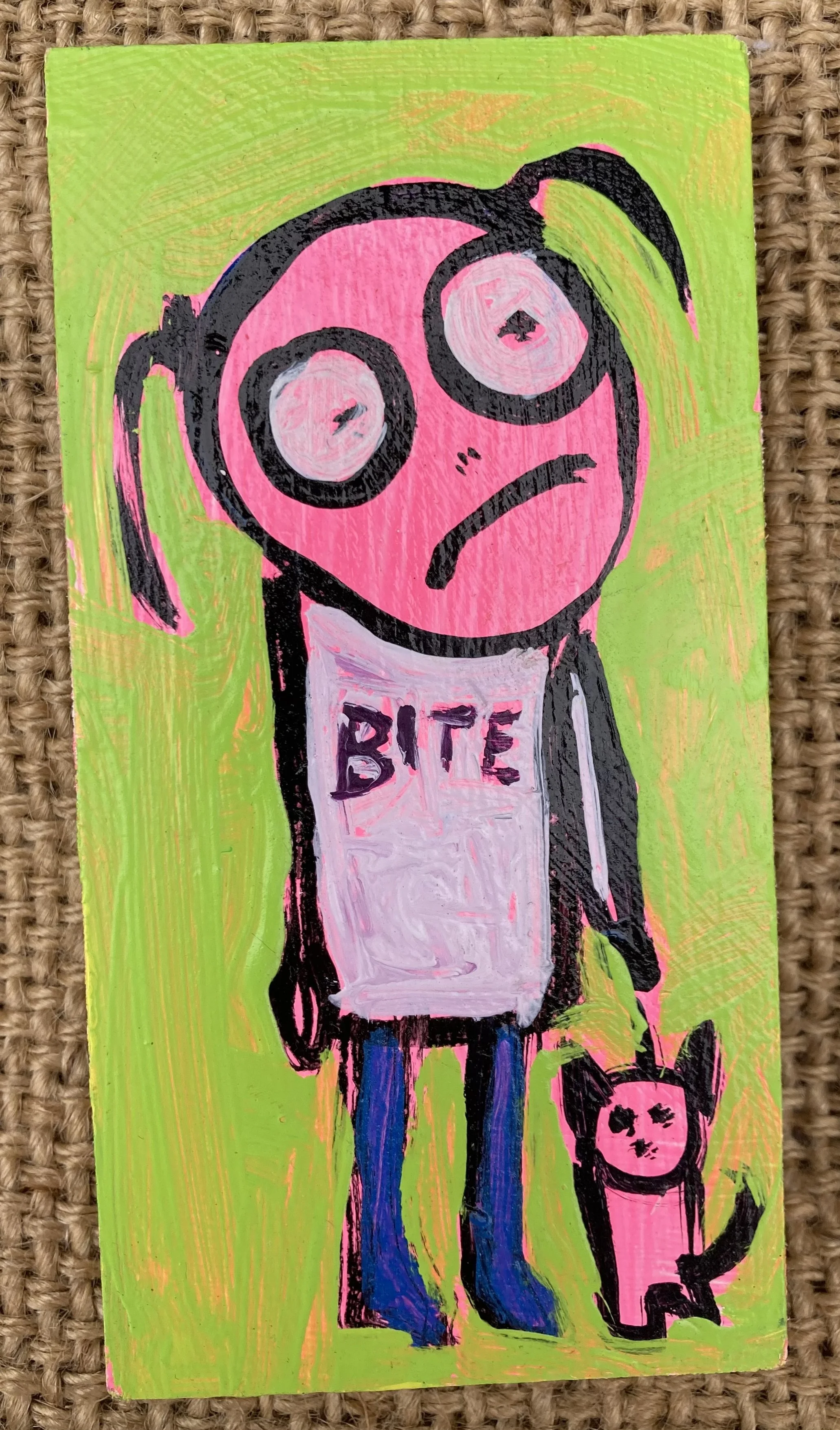 Bite 2 1/2x5 $40 acrylic on scrap wood