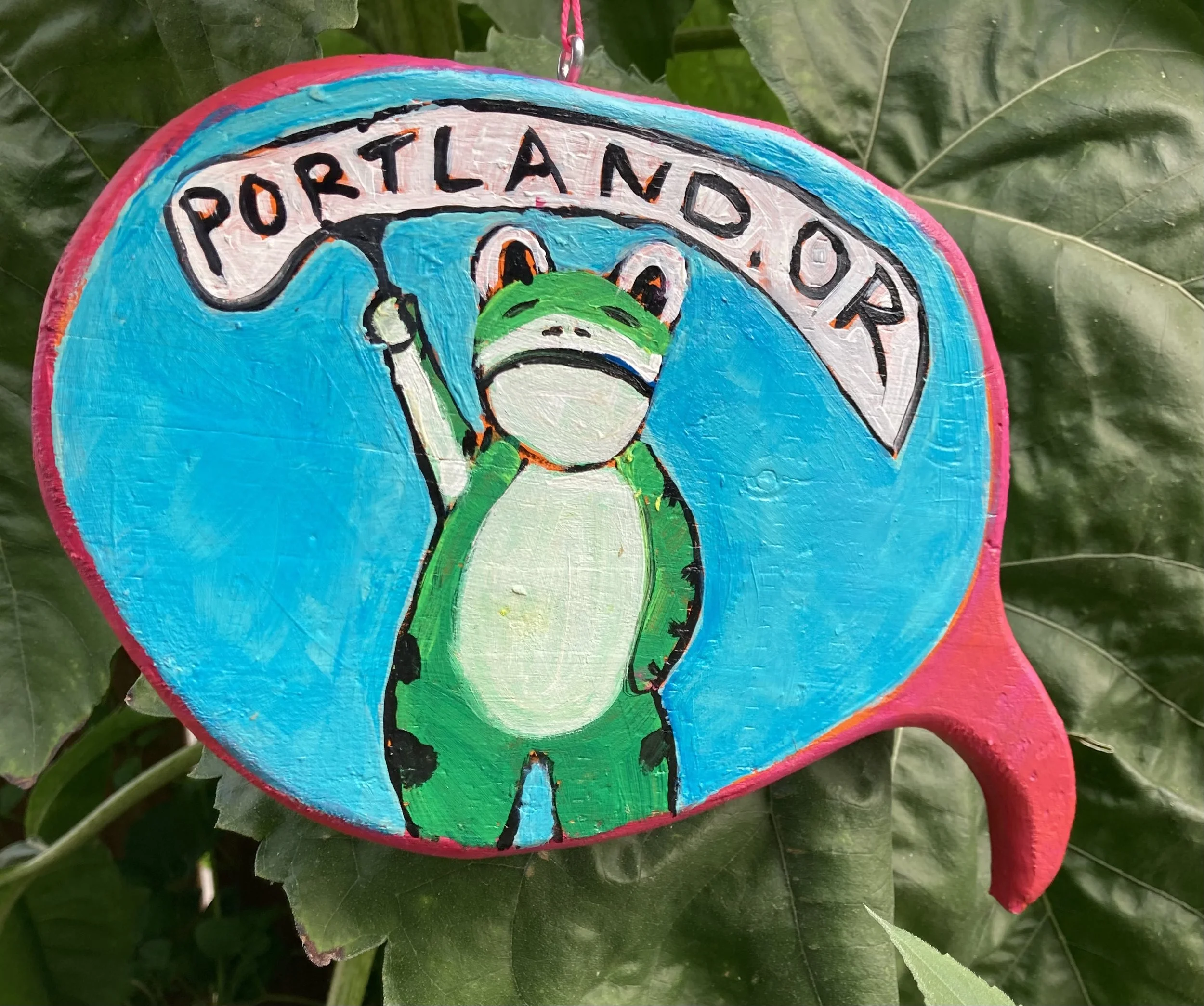 Double Sided Portland, OR Frog with I've had Spicier  acrylic on scrap wood $120