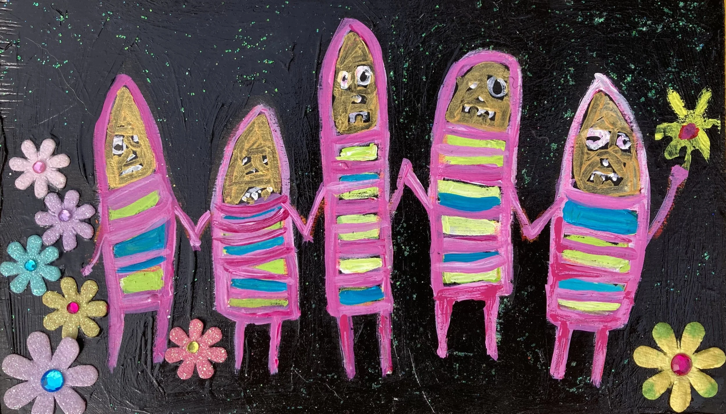 Let's Have a Party 4 1/2 x 8 inches acrylic,  sparkles and flowery bits $80
