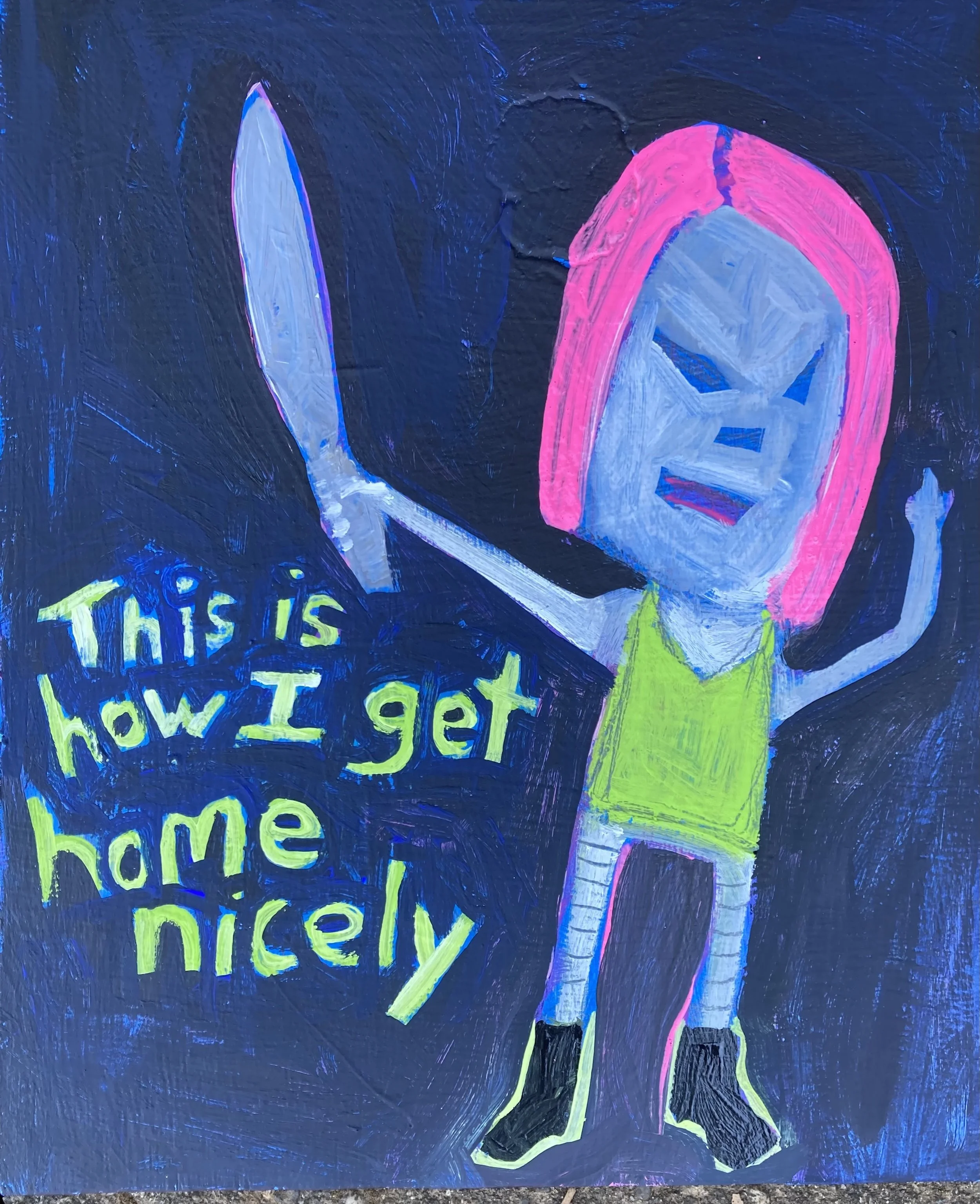 Knifey/ listen to Amyl and the Sniffers. Stickers also available. Acrylic on wood. Good with a blacklight. 8x10 I think