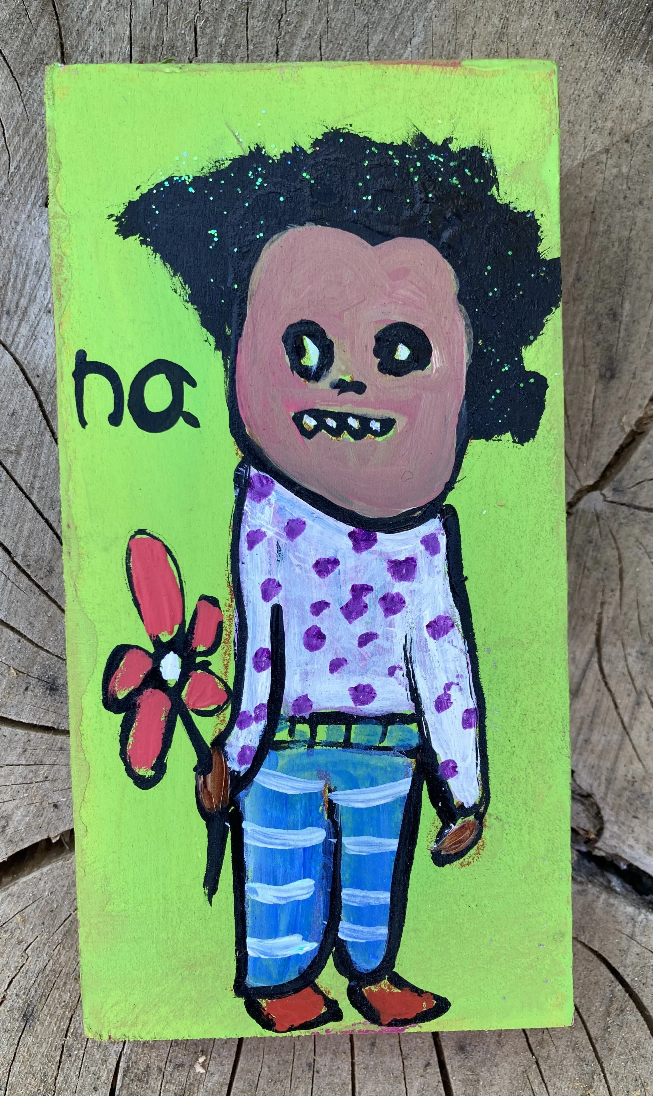 No (kid with flower) $40 acrylic on wood