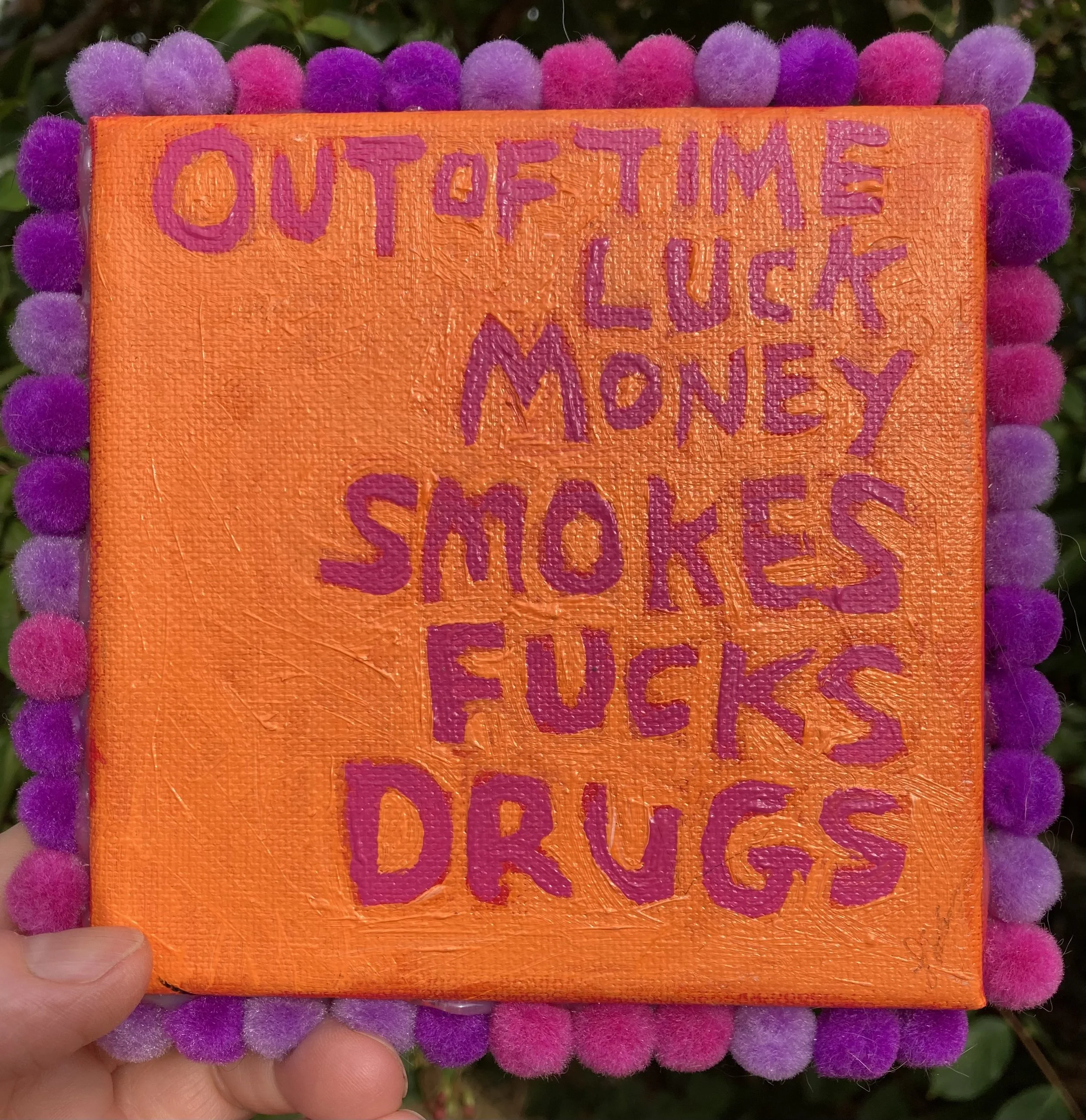Out of Time 5x5 inches acrylic and puff balls on canvas $75