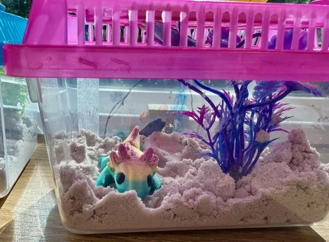 A small toy creature resembling a dragon in a plastic container filled with sand, with a blue plastic tree ornament inside.