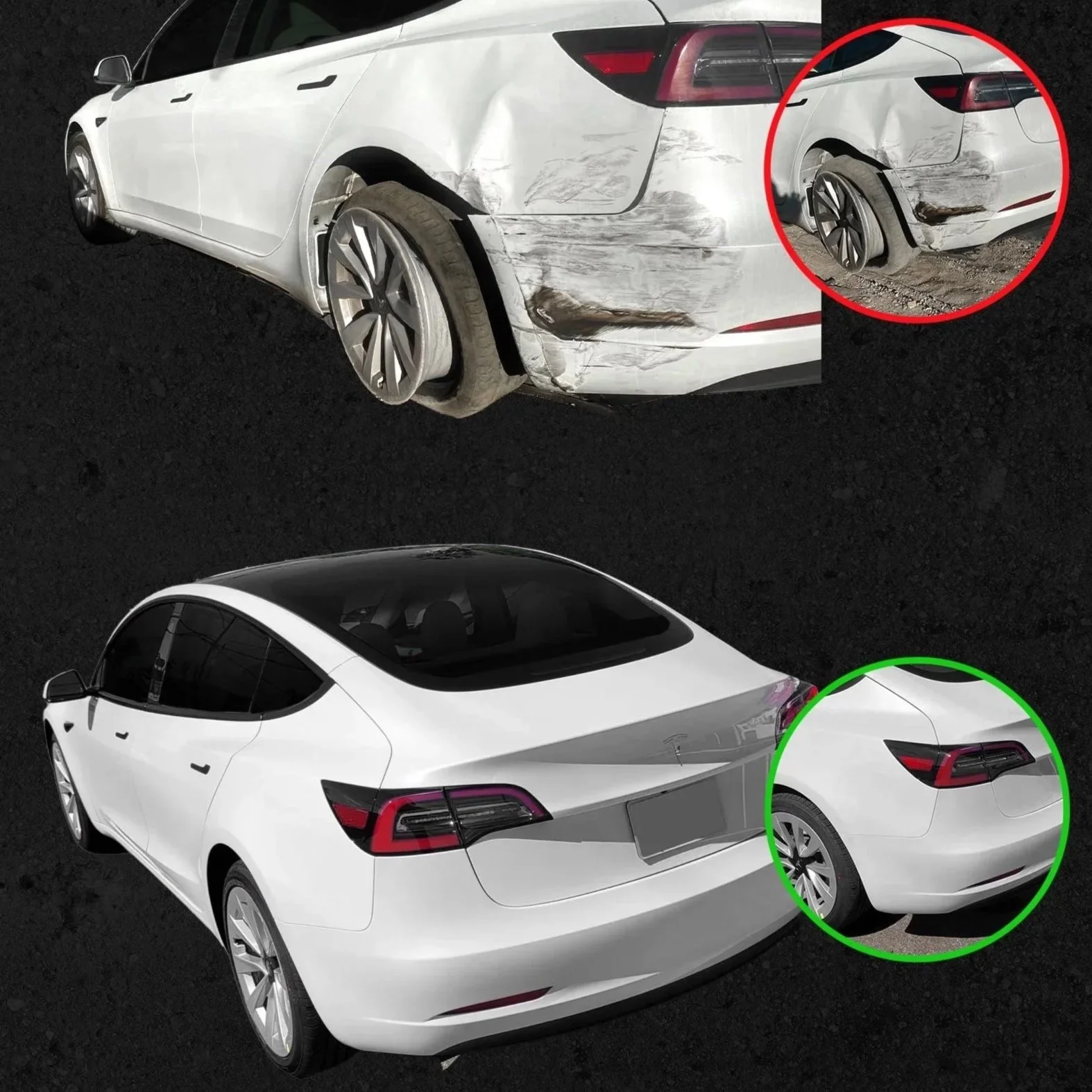 Tesla with rear collision damage before and after repair at Prestige Bodyworks in Oxnard
