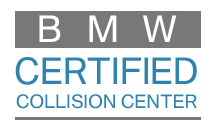 Logo of BMW Certified Collision Center with gray, black, and blue text.
