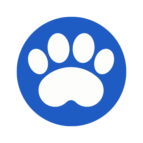 Blue circular logo with a white paw print in the center.