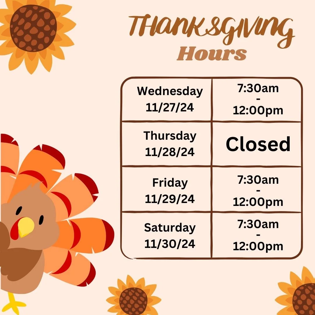 🍂 Thanksgiving Week Hours! 🍂

Hello, pet parents! 🐾 Here&rsquo;s our schedule for Thanksgiving week! If your pet is boarding with us, rest assured our dedicated kennel attendants will be here to care for them, just like always. 🧡

If you have any