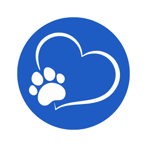 Blue circular logo with a white paw print and a heart shape surrounding it.