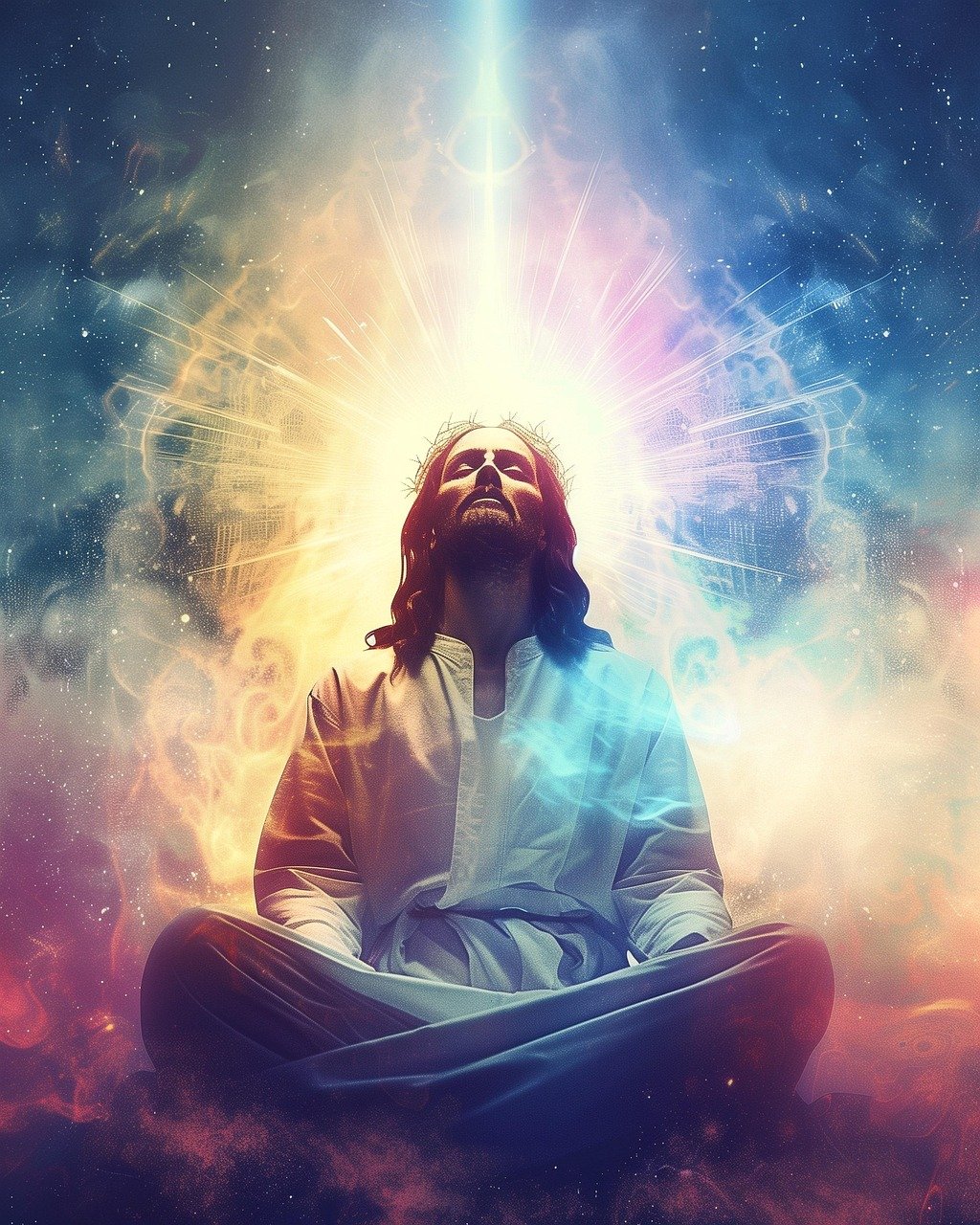 Person and meditation with radiant halo and cosmic light channeling divine energy, representing intuitive awakening, spiritual connection, and higher guidance.