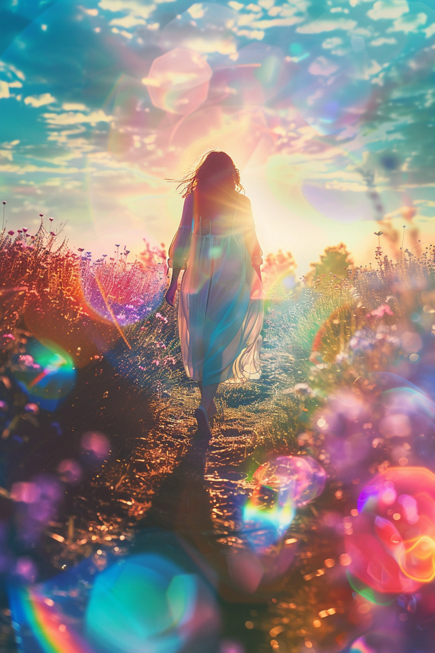 A luminous vision of a woman walking along a glowing path of light guided by angelic energy and stepping into higher spiritual awakening a glowing path divine symbolizing divine guidance and new beginnings
