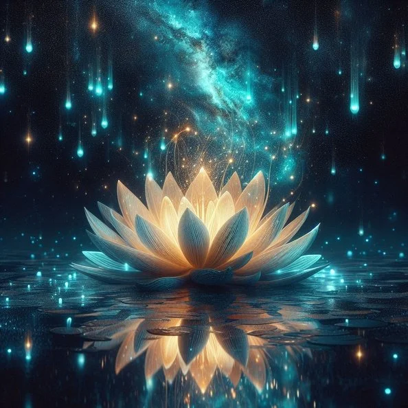 A glowing lotus flower floating on water with a starry, cosmic sky and meteor-like lights in the background.