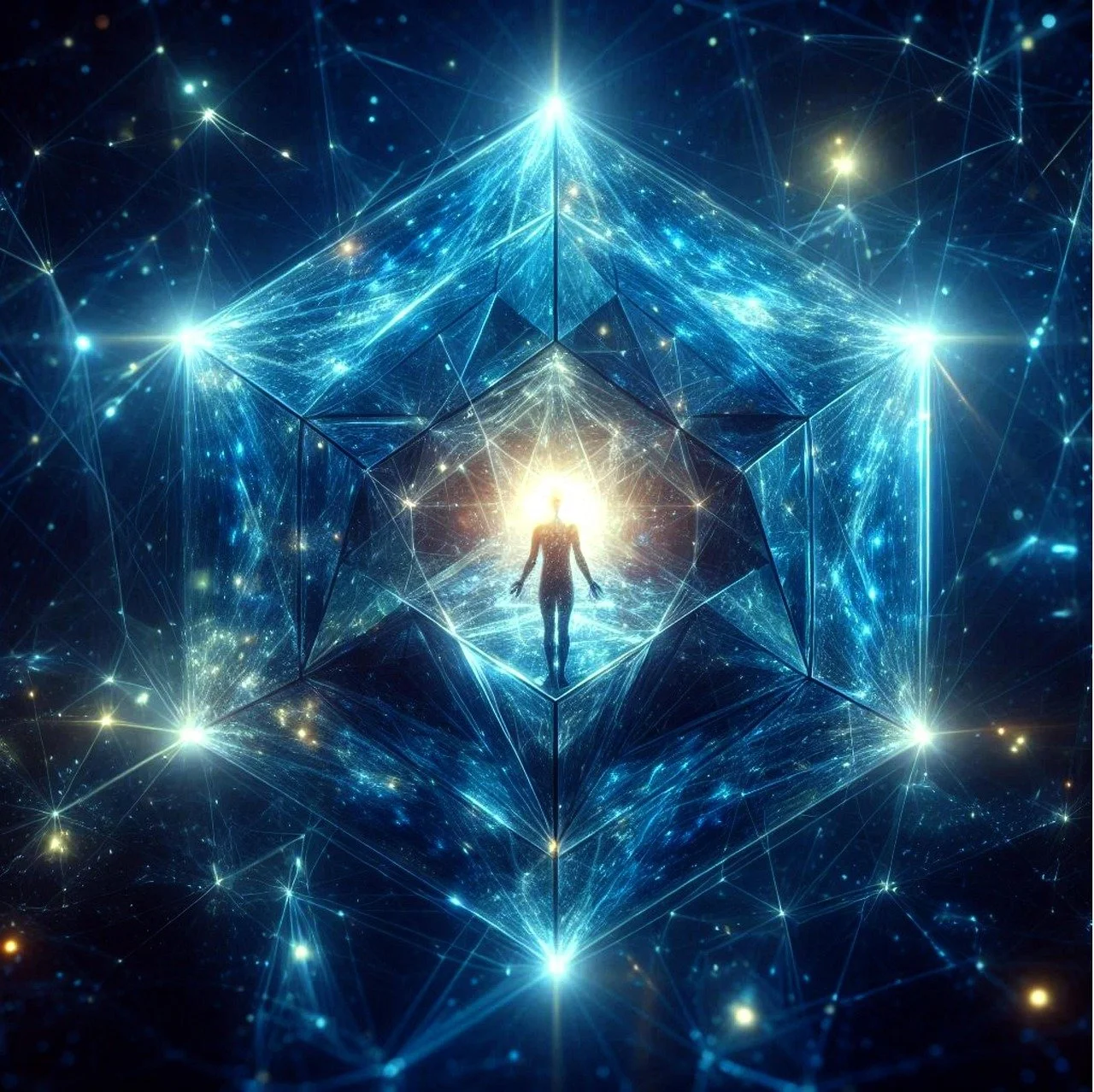 Person standing within a radiant crystal grid surrounded by geometric light symbolizing Superconscious Recode, energy alignment, transformation and higher awareness. Unlocking the limitations of the unconscious mind.
