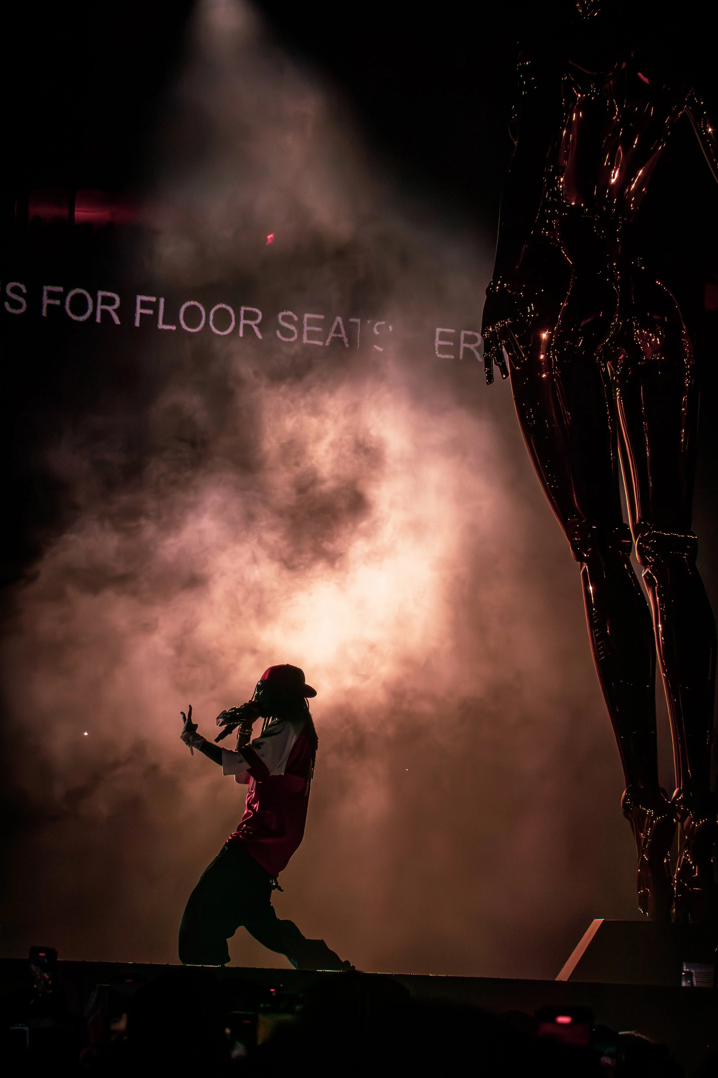 Concert photography of a silhouetted performer singing on stage with smoke and moody lighting.