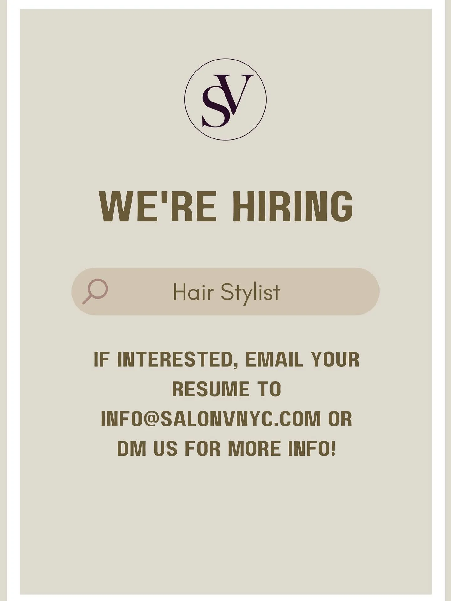 We’re looking for a talented Hair Stylist to join our team! Email your resume or portfolio to info@salonvnyc.com