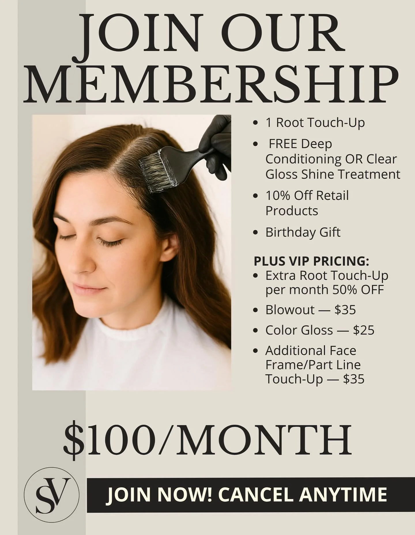 Rooted in luxury. Priced for real life. ✨
Our Single Process Retouch Membership keeps your roots seamless and your tone radiant every month for just $100.
Includes:
✨ Monthly Root Touch-Up
✨ FREE Deep Conditioning or Shine Gloss
✨ 10% Off Retail
✨