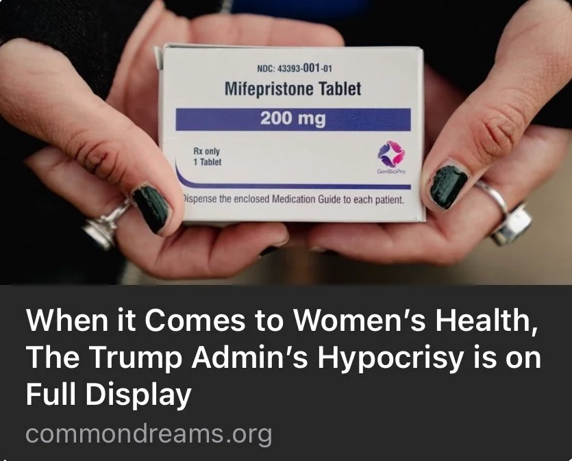 Hands holding a box of Mifepristone tablets labeled as 200 mg, prescribed medication. The box has a logo and an instruction to dispense the medication guide.