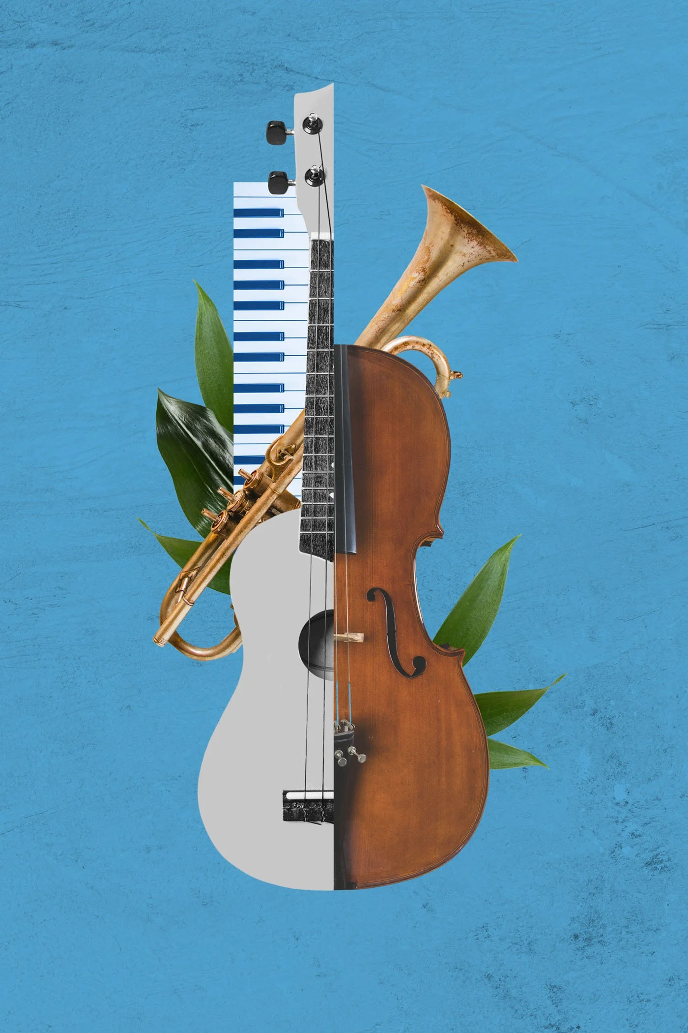 A digital collage of musical instruments and leaves on a blue background. The collage combines a guitar, violin, trumpet, and piano keys with green leaves.