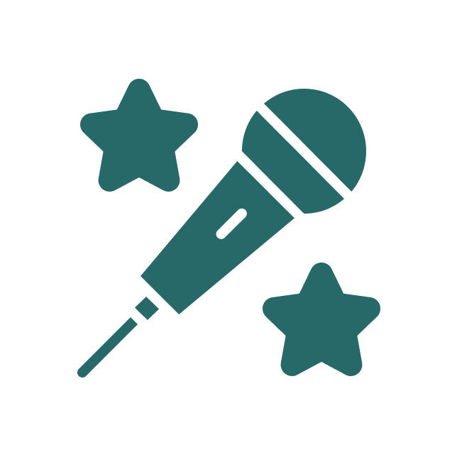 Silhouette of a microphone surrounded by two stars.