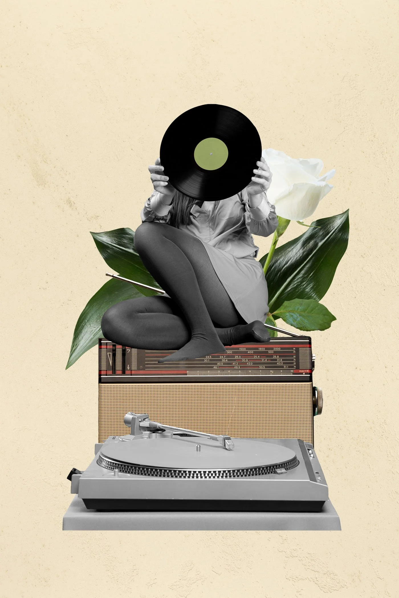 A collage featuring a woman sitting on a vintage radio with a large green leaf behind her. She holds a vinyl record that covers her face, with a cream-colored background.